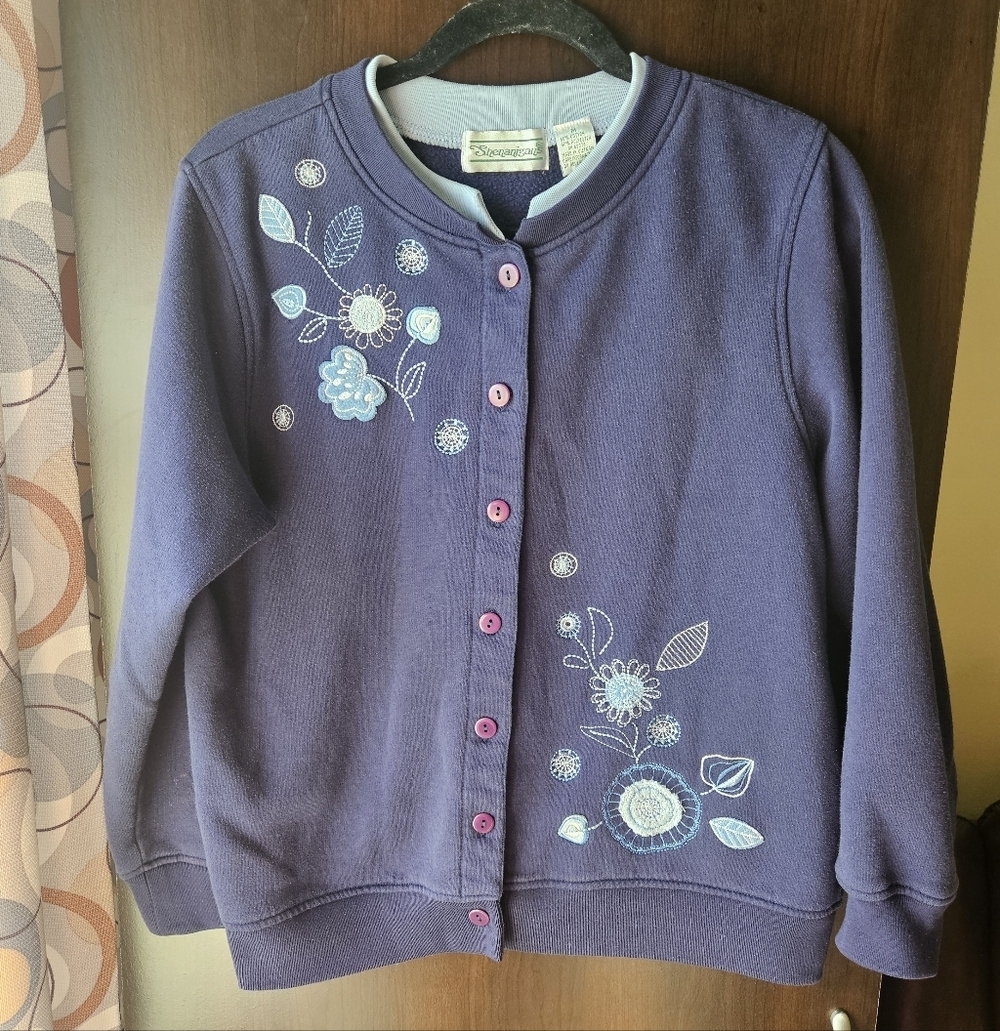 Shenanigans Dark Blue Button Down Floral Embroidered Cardigan Size Medium